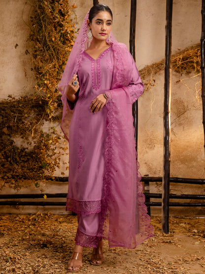 Dhiyona VV Women's Silk BlendEmbroidered Kurta And Pant Set With Dupatta