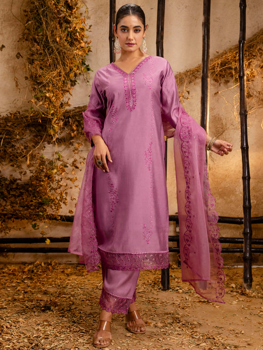 Dhiyona VV Women's Silk BlendEmbroidered Kurta And Pant Set With Dupatta