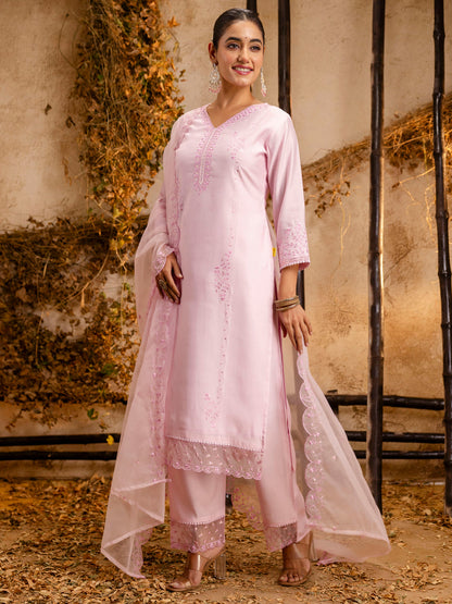 Dhiyona VV Women's Silk BlendEmbroidered Kurta And Pant Set With Dupatta