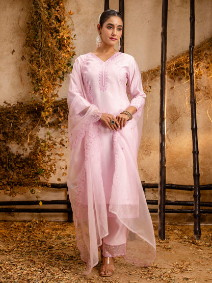 Dhiyona VV Women's Silk BlendEmbroidered Kurta And Pant Set With Dupatta