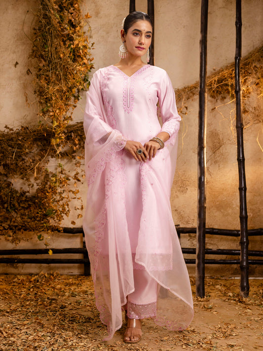 Dhiyona VV Women's Silk BlendEmbroidered Kurta And Pant Set With Dupatta