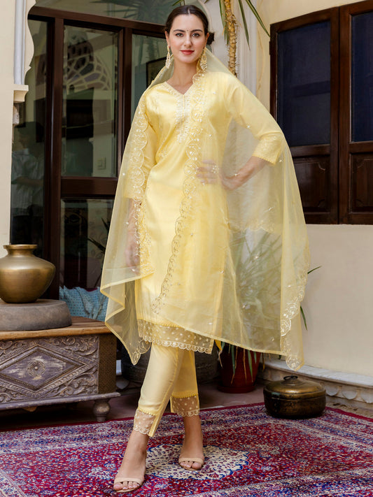 Dhiyona VV Women's Silk BlendEmbroidered Kurta And Pant Set With Dupatta