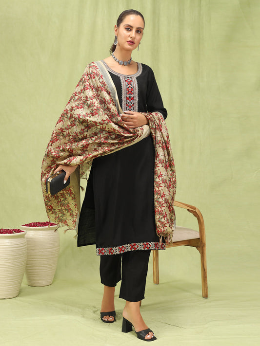 Dhiyona VV Women's Viscose Roman Silk Embroidery Straight Kurta Pant with Dupatta Set