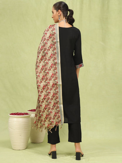 Dhiyona VV Women's Viscose Roman Silk Embroidery Straight Kurta Pant with Dupatta Set