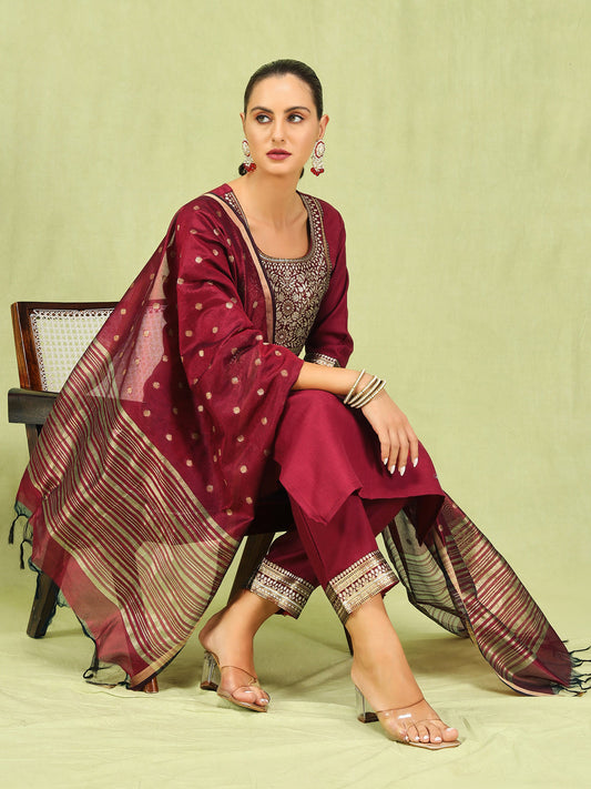Dhiyona VV Women's Cotton Blend Kurta Pant Dupatta Set