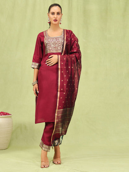 Dhiyona VV Women's Cotton Blend Kurta Pant Dupatta Set