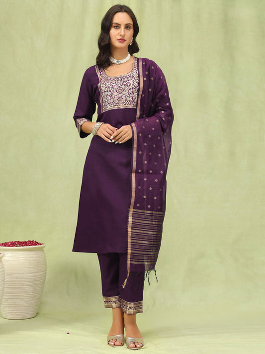 Dhiyona VV Women's Cotton Blend Kurta Pant Dupatta Set