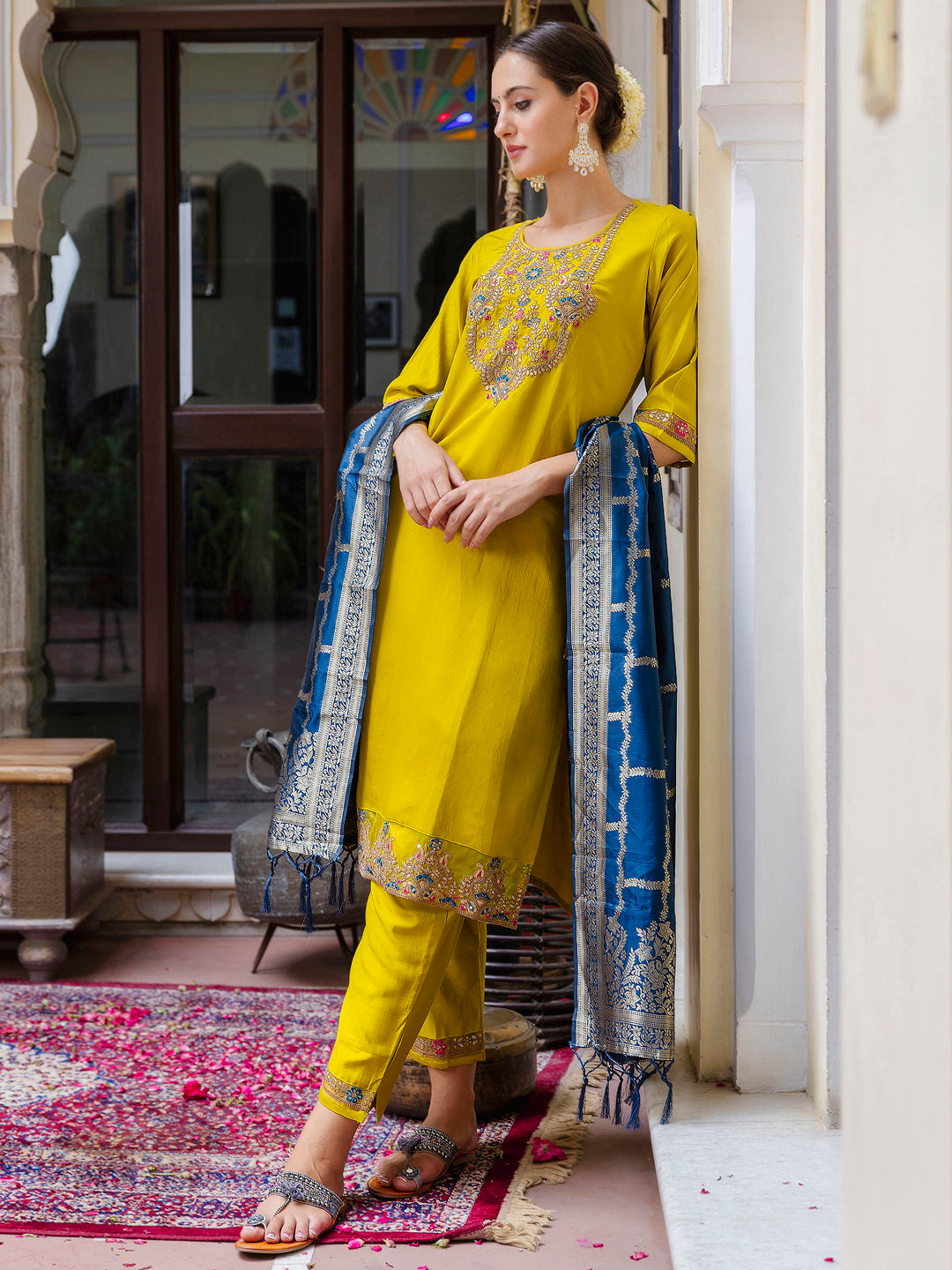 Dhiyona VV Women's Viscose Rayon Embroidered Straight Kurta with Pant & Dupatta Set