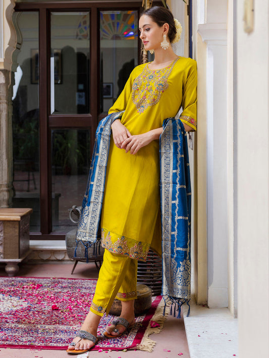 Dhiyona VV Women's Viscose Rayon Embroidered Straight Kurta with Pant & Dupatta Set