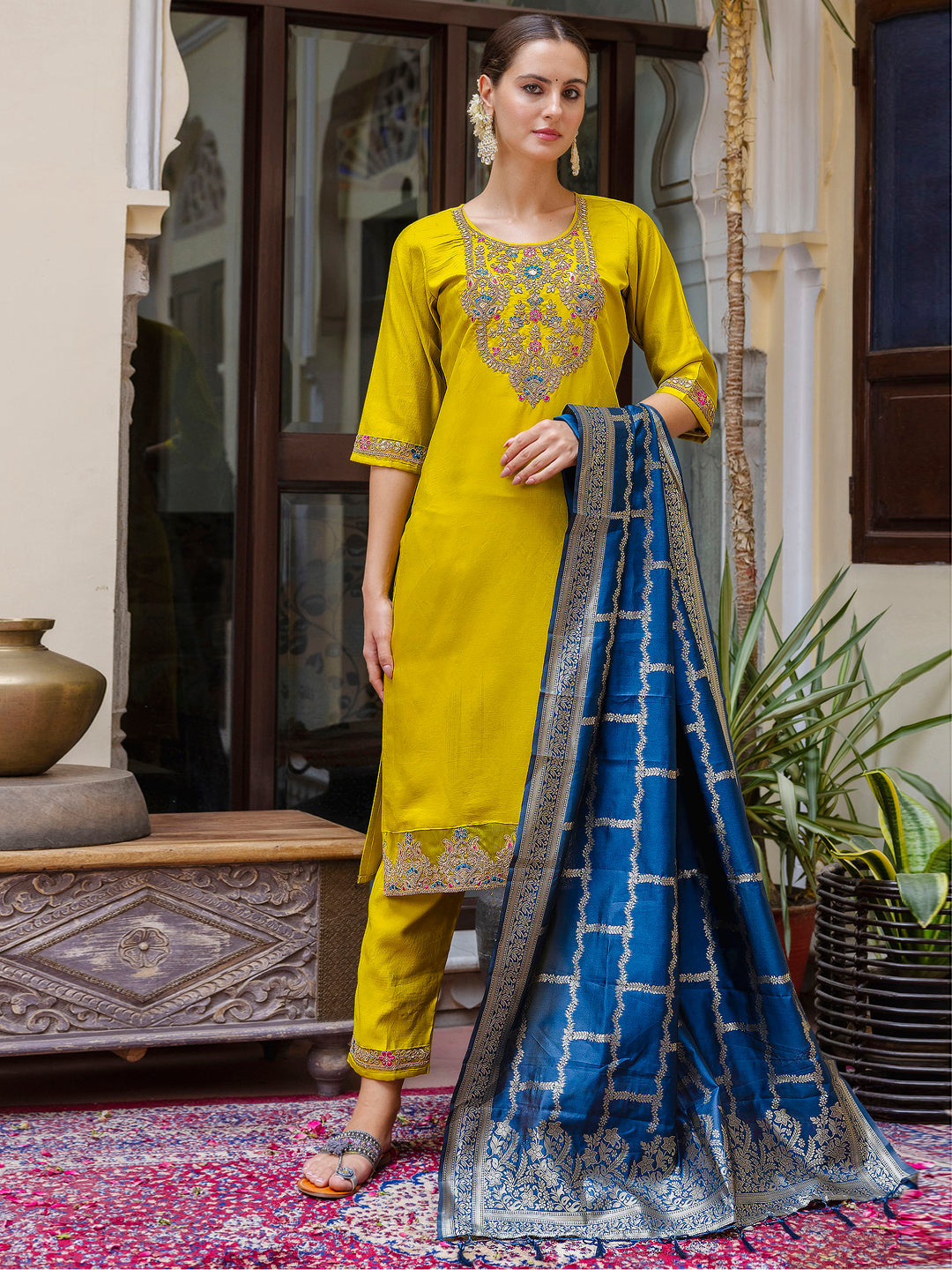 Dhiyona VV Women's Viscose Rayon Embroidered Straight Kurta with Pant & Dupatta Set