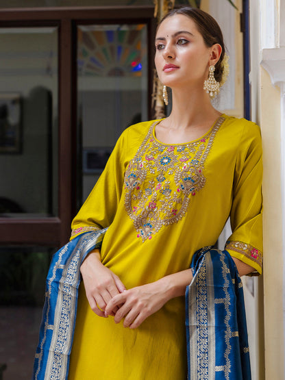 Dhiyona VV Women's Viscose Rayon Embroidered Straight Kurta with Pant & Dupatta Set