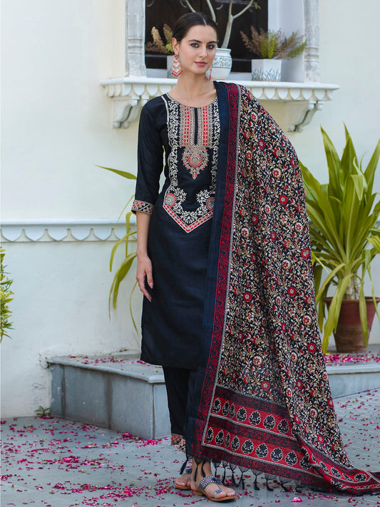 Dhiyona VV Women's Embroidered Silk Blend Calf Length Straight Kurta Trouser with Dupatta Set