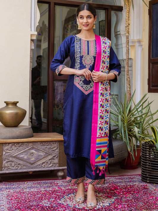 Dhiyona VV Women's Embroidered Silk Blend Calf Length Straight Kurta Trouser with Dupatta Set
