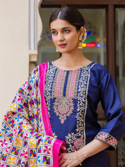 Dhiyona VV Women's Embroidered Silk Blend Calf Length Straight Kurta Trouser with Dupatta Set
