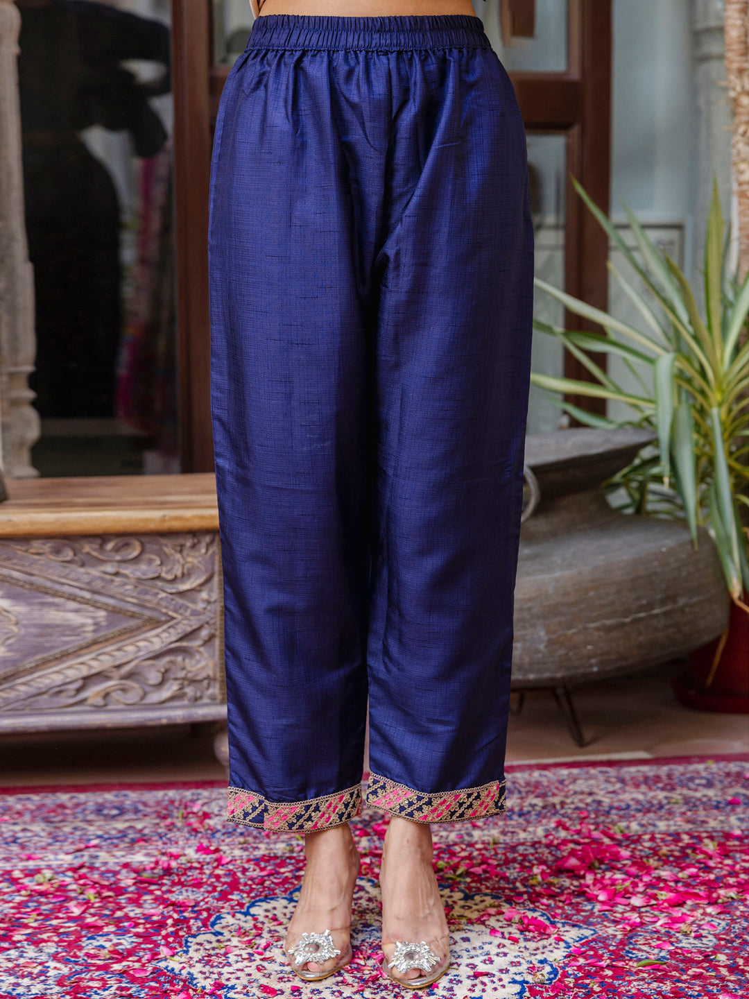 Dhiyona VV Women's Embroidered Silk Blend Calf Length Straight Kurta Trouser with Dupatta Set