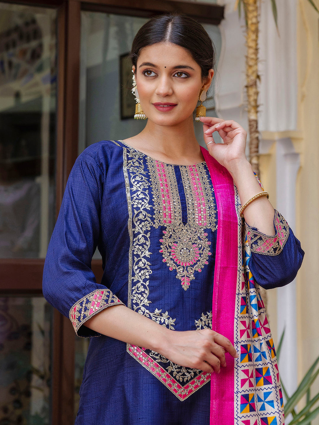 Dhiyona VV Women's Embroidered Silk Blend Calf Length Straight Kurta Trouser with Dupatta Set