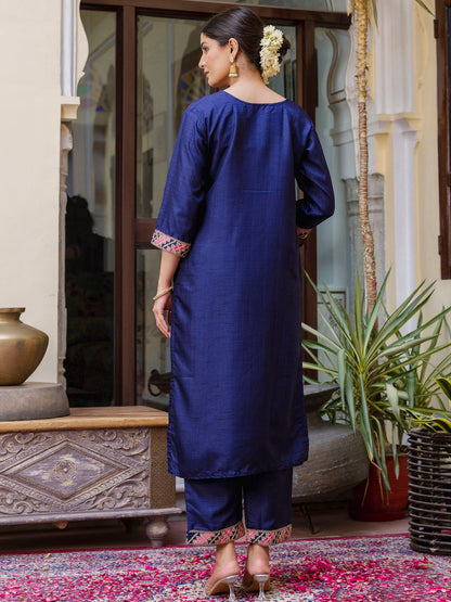 Dhiyona VV Women's Embroidered Silk Blend Calf Length Straight Kurta Trouser with Dupatta Set