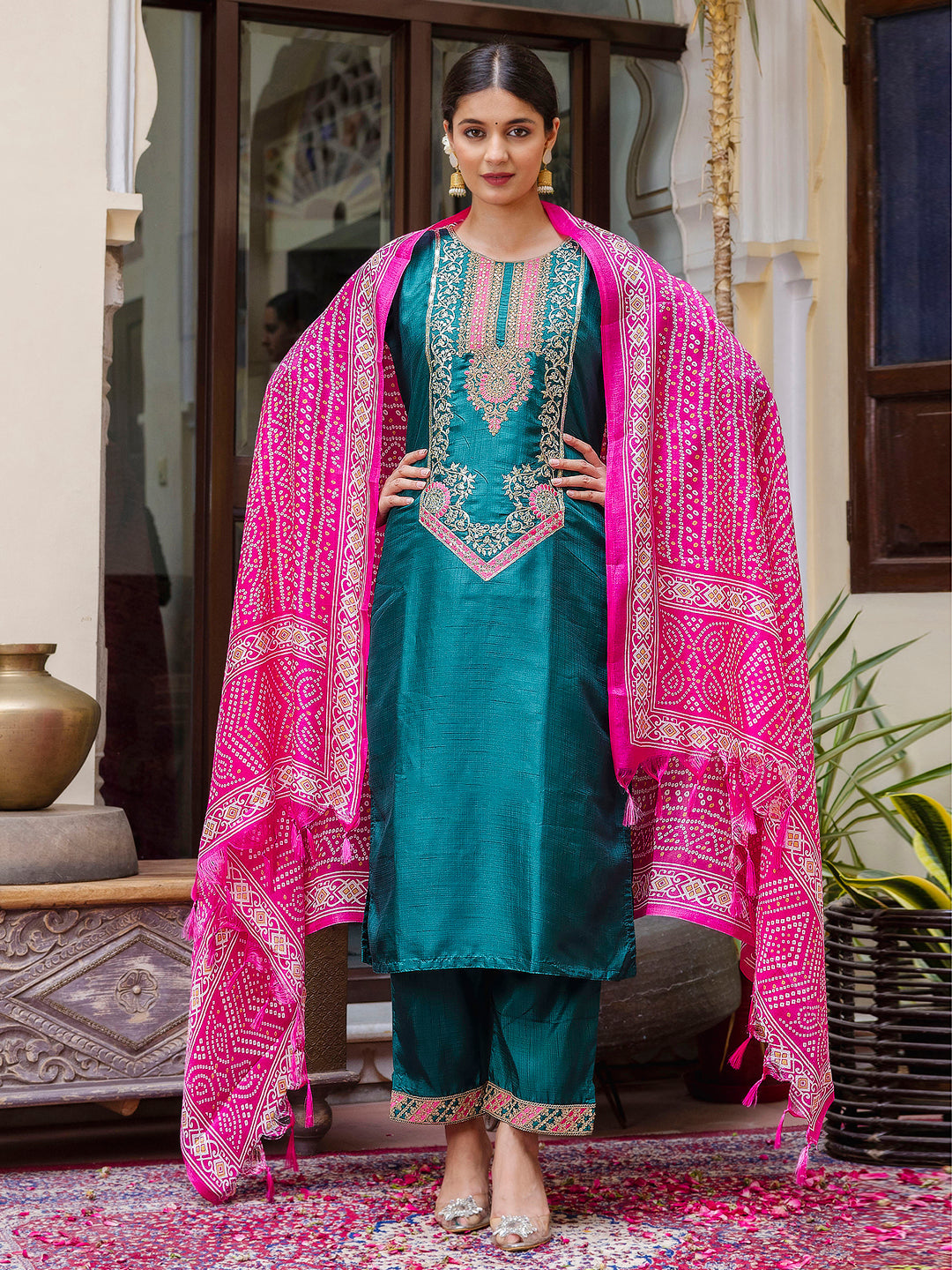 Dhiyona VV Women's Embroidered Silk Blend Calf Length Straight Kurta Trouser with Dupatta Set