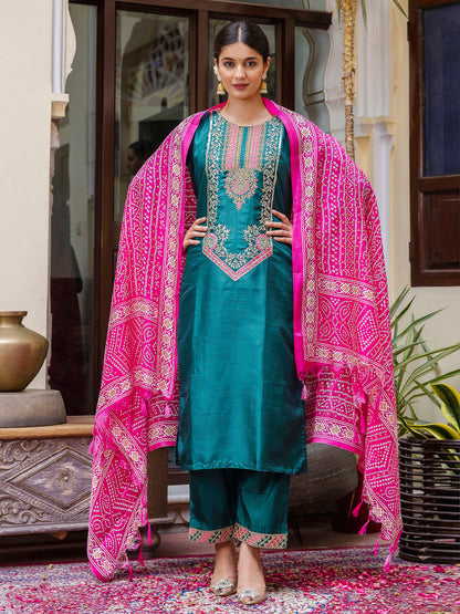 Dhiyona VV Women's Embroidered Silk Blend Calf Length Straight Kurta Trouser with Dupatta Set