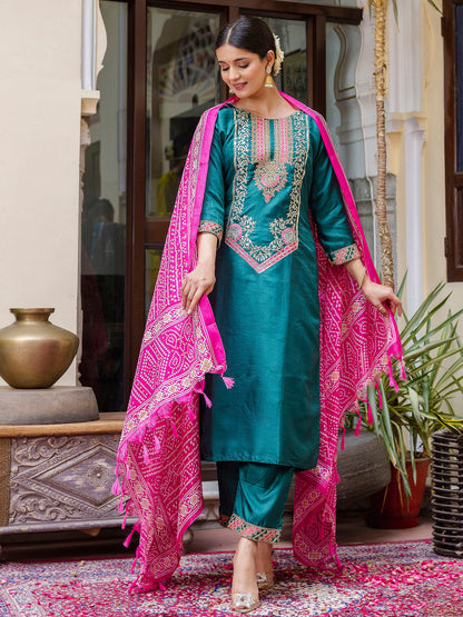 Dhiyona VV Women's Embroidered Silk Blend Calf Length Straight Kurta Trouser with Dupatta Set