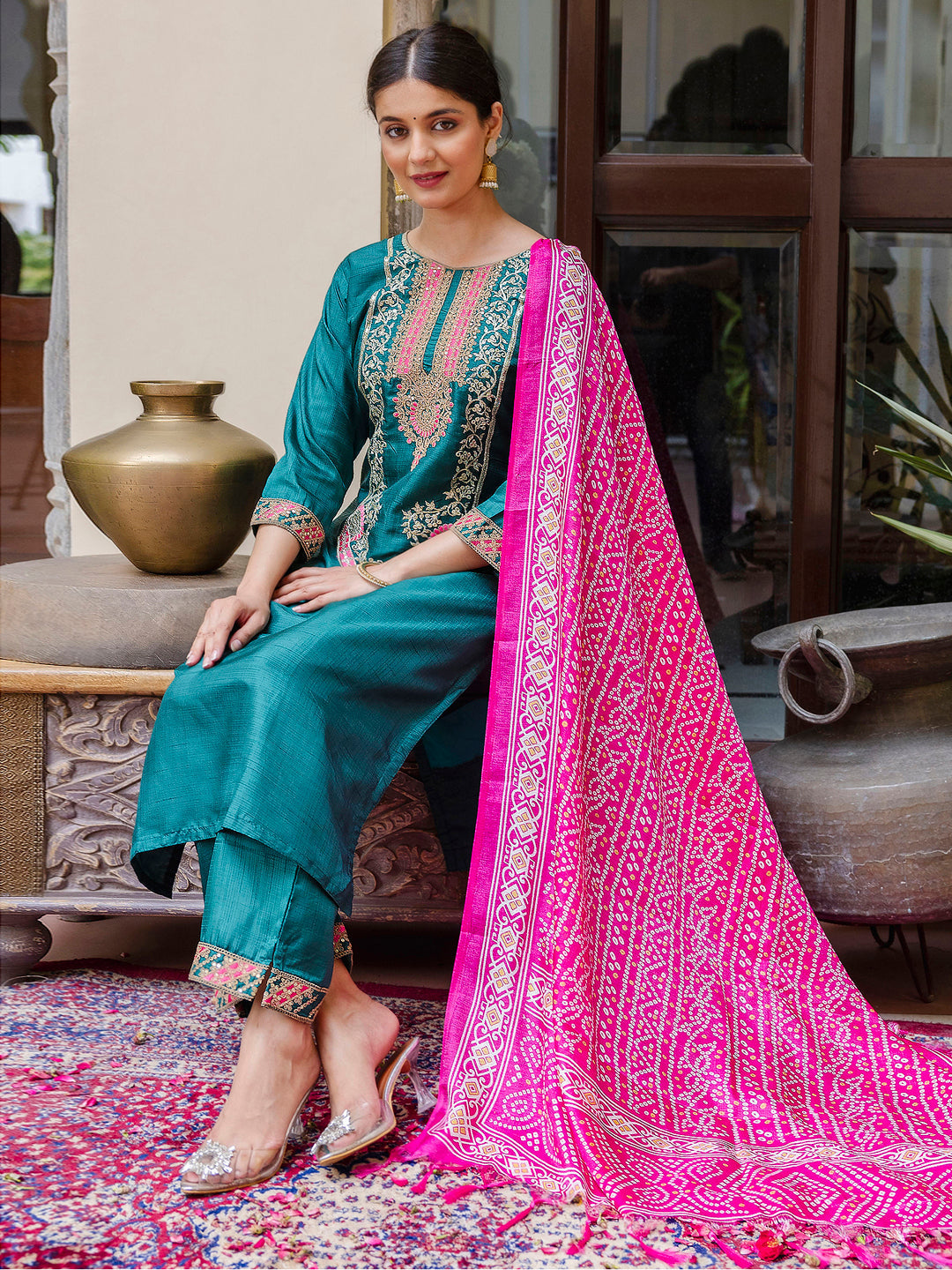 Dhiyona VV Women's Embroidered Silk Blend Calf Length Straight Kurta Trouser with Dupatta Set