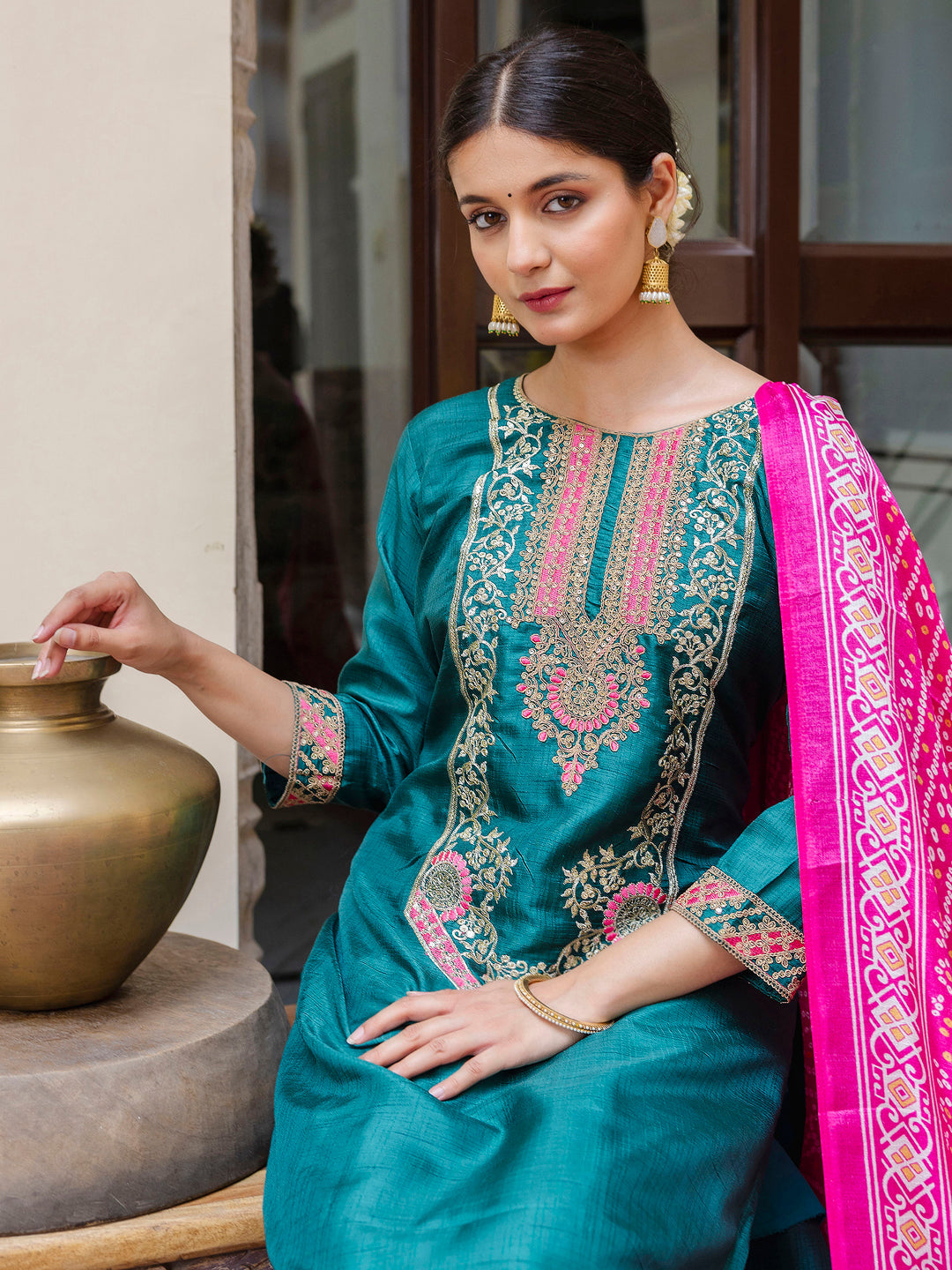 Dhiyona VV Women's Embroidered Silk Blend Calf Length Straight Kurta Trouser with Dupatta Set