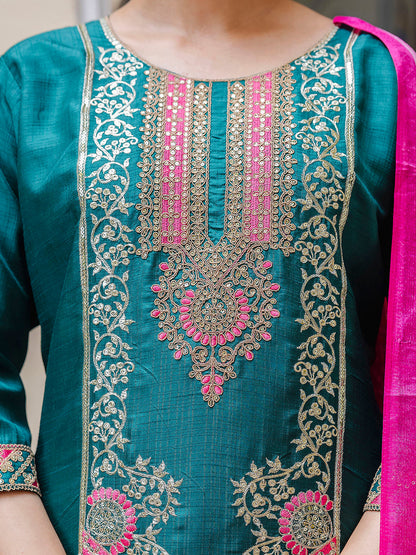 Dhiyona VV Women's Embroidered Silk Blend Calf Length Straight Kurta Trouser with Dupatta Set
