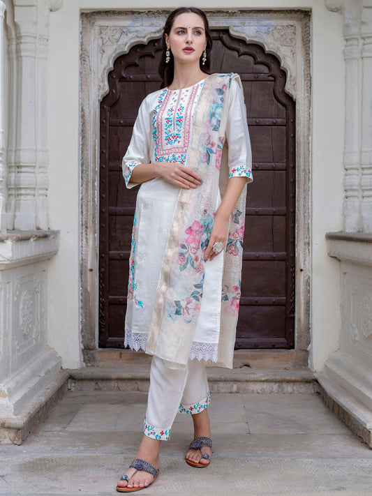Dhiyona VV Women's Silk Blend Kurta Pant Dupatta Set