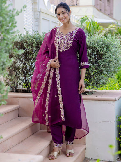 Dhiyona VV Women's Silk Blend Kurta Pant Dupatta Set