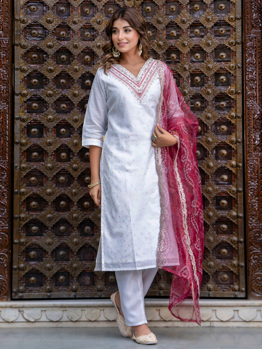 Dhiyona VV Women's Chanderi Kurta & Pant Dupatta Set
