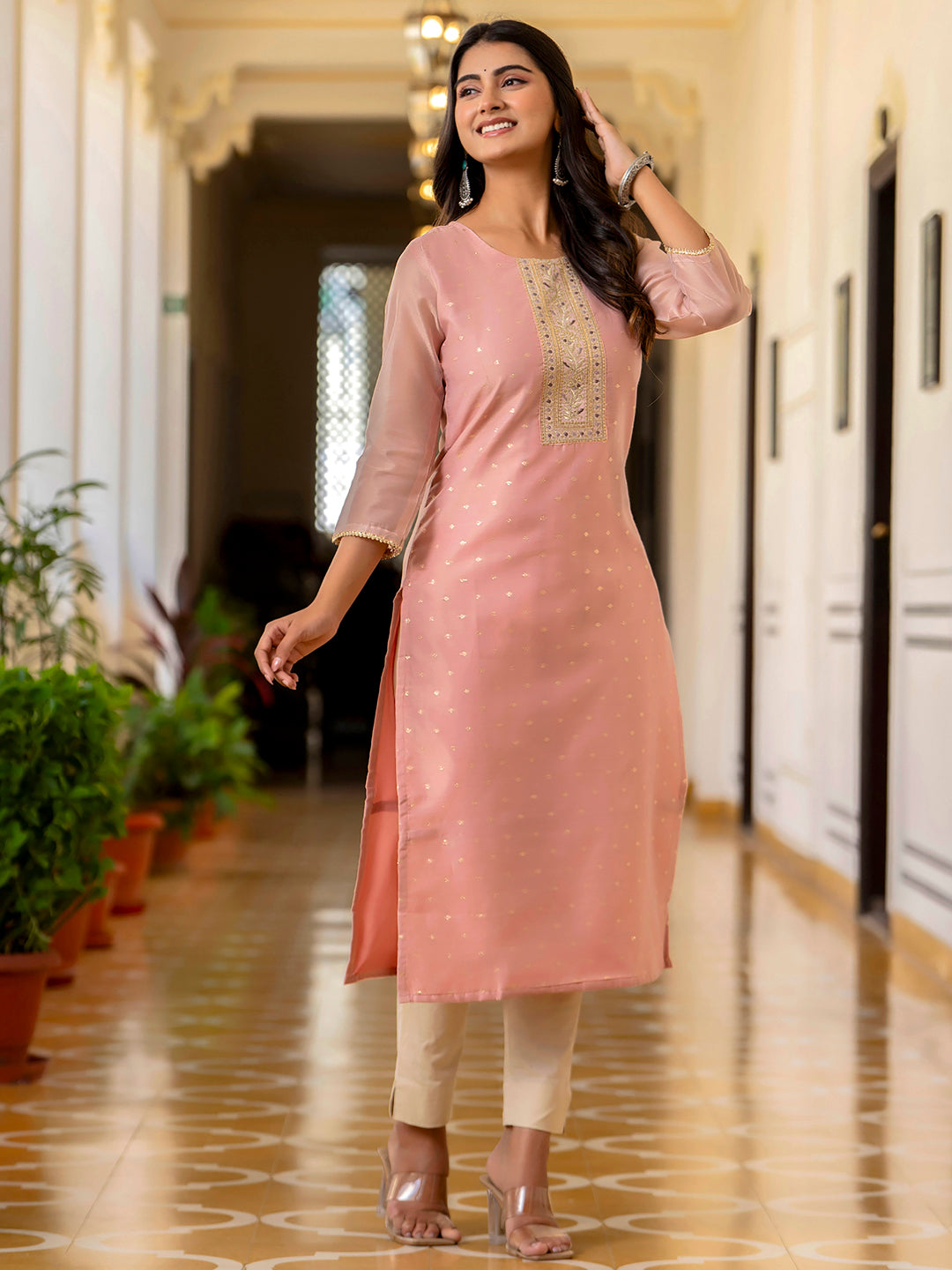 Dhiyona VV Women's Embroidered Silk Blend Straight Kurta