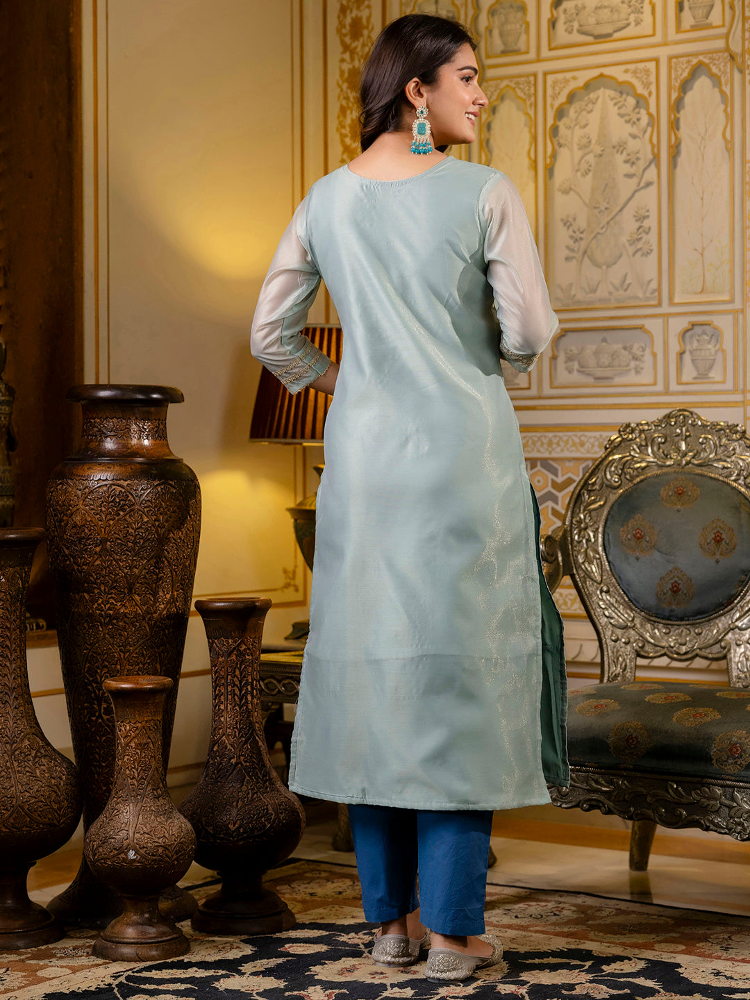 Dhiyona VV Women's Embroidered Silk Blend Straight Kurta