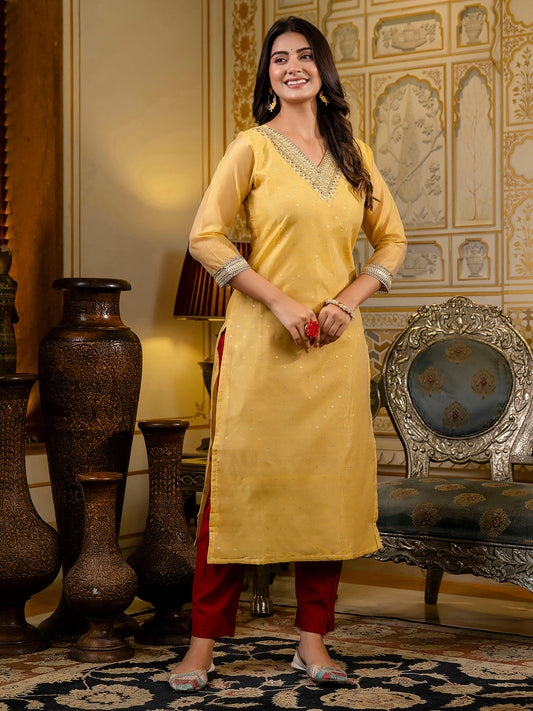 Dhiyona VV Women's Embroidered Silk Blend Straight Kurta