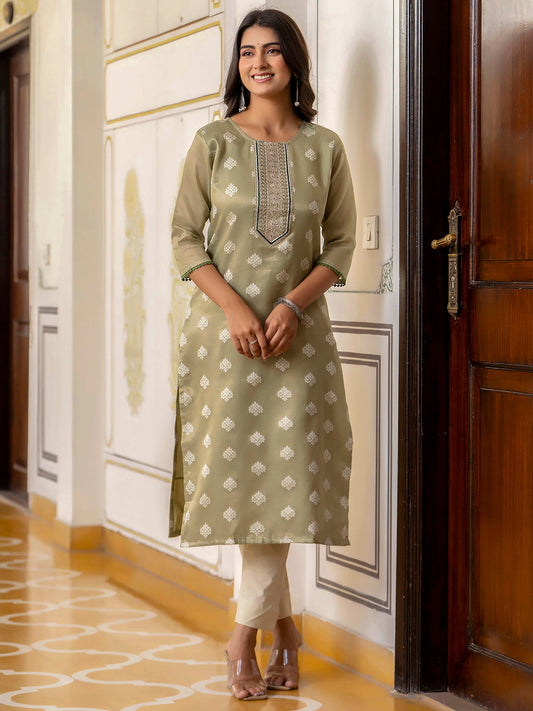 Dhiyona VV Women's Embroidered Silk Blend Straight Kurta