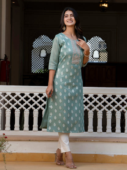 Dhiyona VV Women's Embroidered Silk Blend Straight Kurta