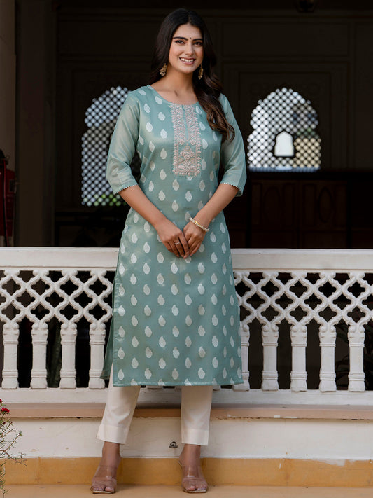 Dhiyona VV Women's Embroidered Silk Blend Straight Kurta