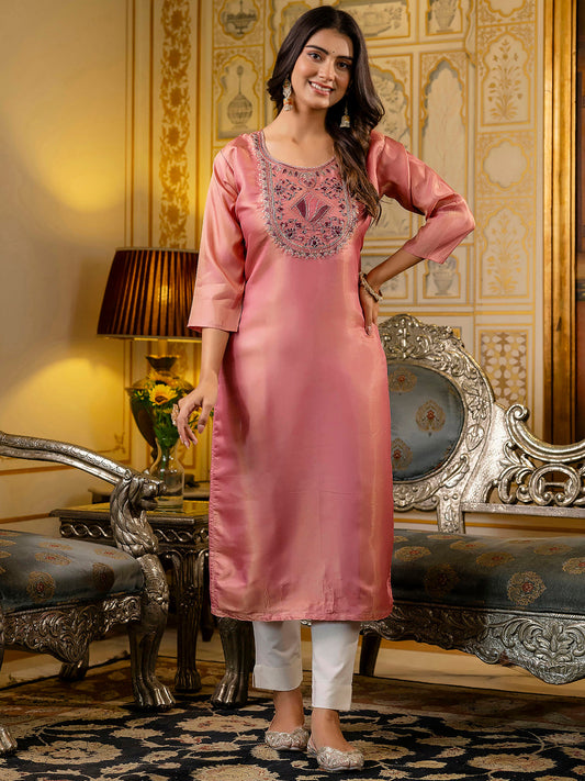 Dhiyona VV Women's Embroidered shimmer Silk Blend Straight Kurta