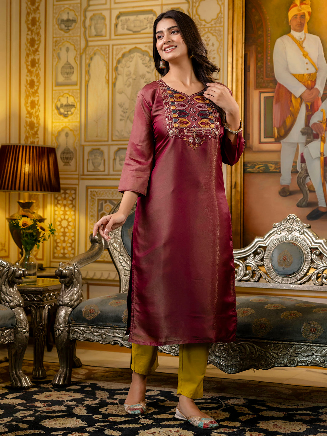 Dhiyona VV Women's Embroidered shimmer Silk Blend Straight Kurta