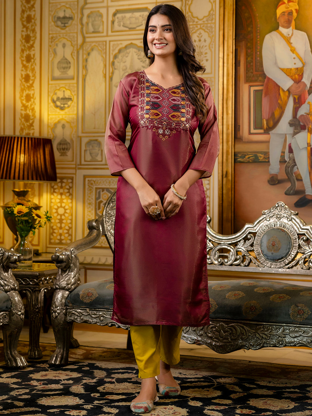 Dhiyona VV Women's Embroidered shimmer Silk Blend Straight Kurta