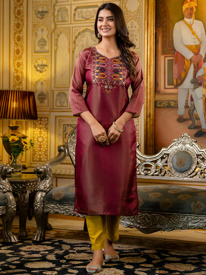 Dhiyona VV Women's Embroidered shimmer Silk Blend Straight Kurta