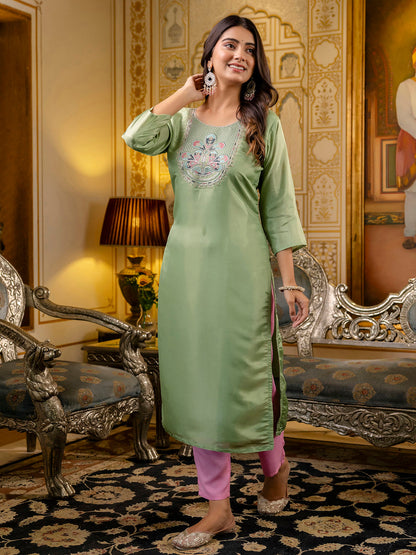 Dhiyona VV Women's Embroidered shimmer Silk Blend Straight Kurta