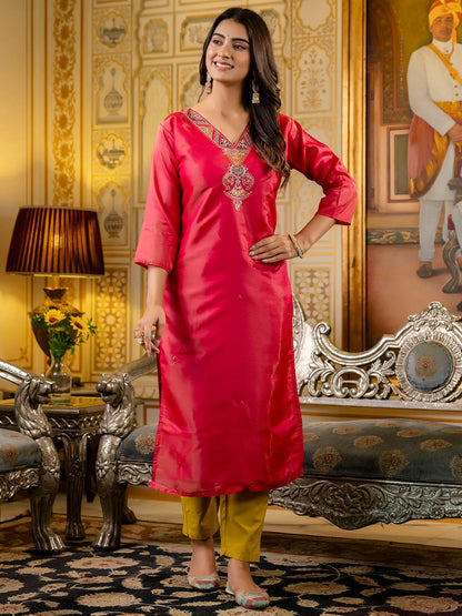 Dhiyona VV Women's Embroidered shimmer Silk Blend Straight Kurta