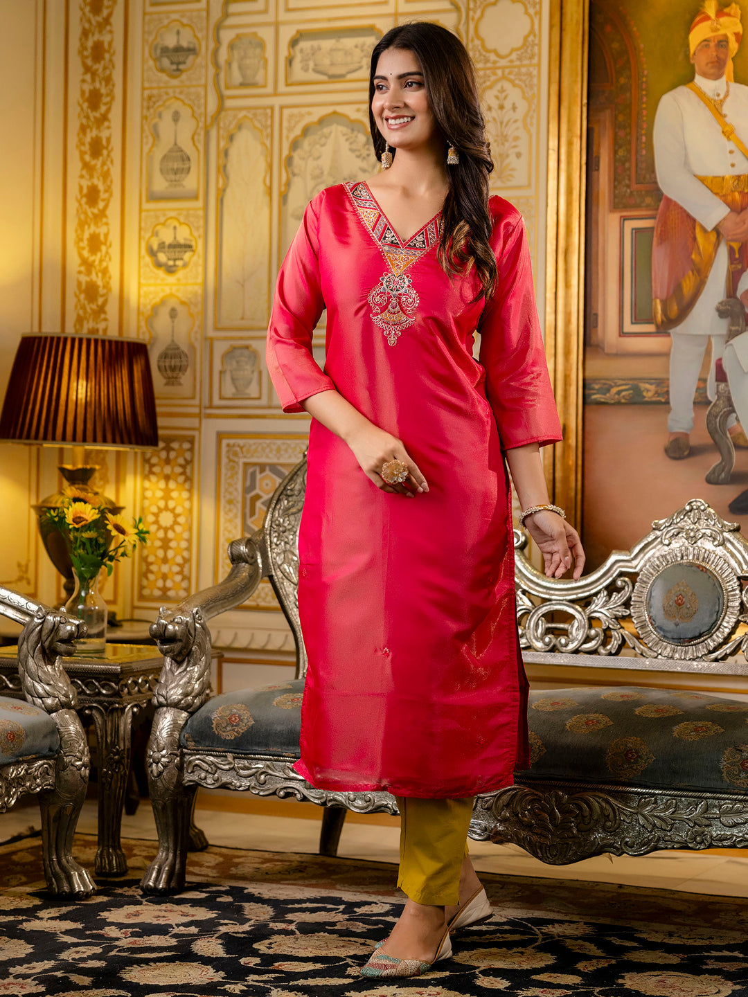 Dhiyona VV Women's Embroidered shimmer Silk Blend Straight Kurta