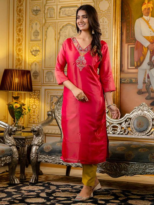 Dhiyona VV Women's Embroidered shimmer Silk Blend Straight Kurta
