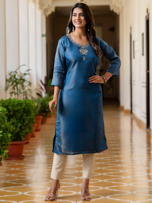 Dhiyona VV Women's Embroidered shimmer Silk Blend Straight Kurta