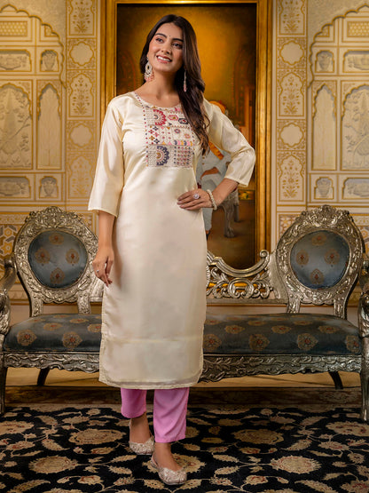 Dhiyona VV Women's Embroidered shimmer Silk Blend Straight Kurta