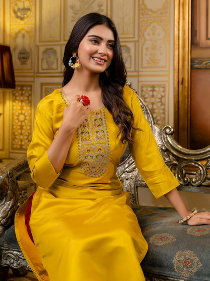 Dhiyona VV Women's Embroidered shimmer Silk Blend Straight Kurta