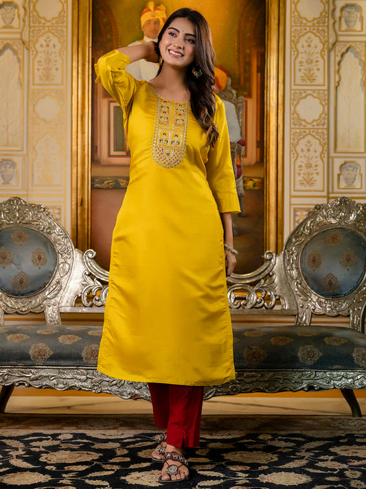 Dhiyona VV Women's Embroidered shimmer Silk Blend Straight Kurta