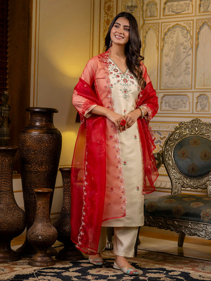Dhiyona VV Women's Embroidered Silk Blend Calf Length Straight Kurta Trouser with Dupatta Set