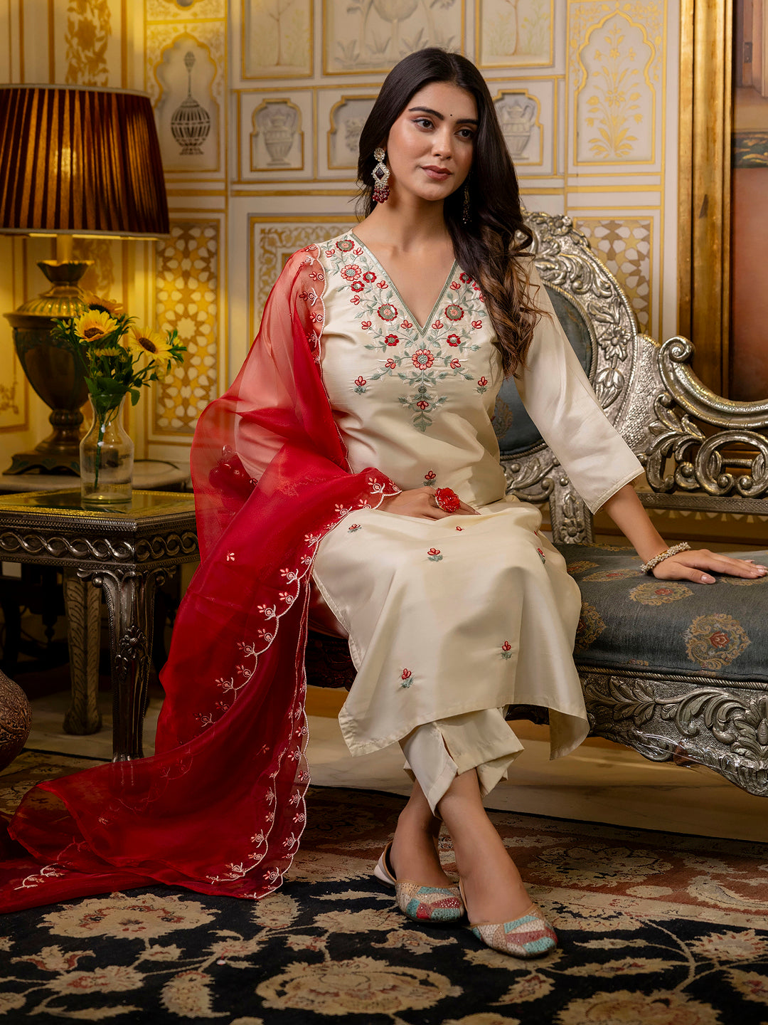 Dhiyona VV Women's Embroidered Silk Blend Calf Length Straight Kurta Trouser with Dupatta Set